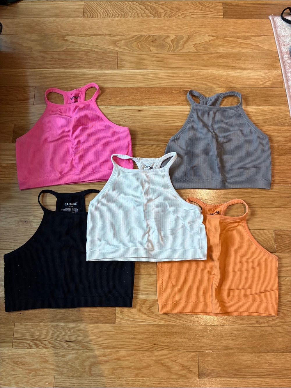 Garage Ribbed Racerback Crop Tops in Pink, Gray, Black, Cream & Orange